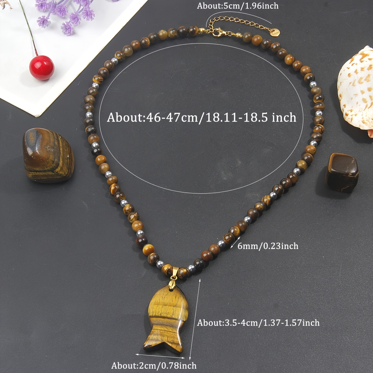 Natural Tiger's Eye Round Bead Necklace with Fish-Shaped Pendant